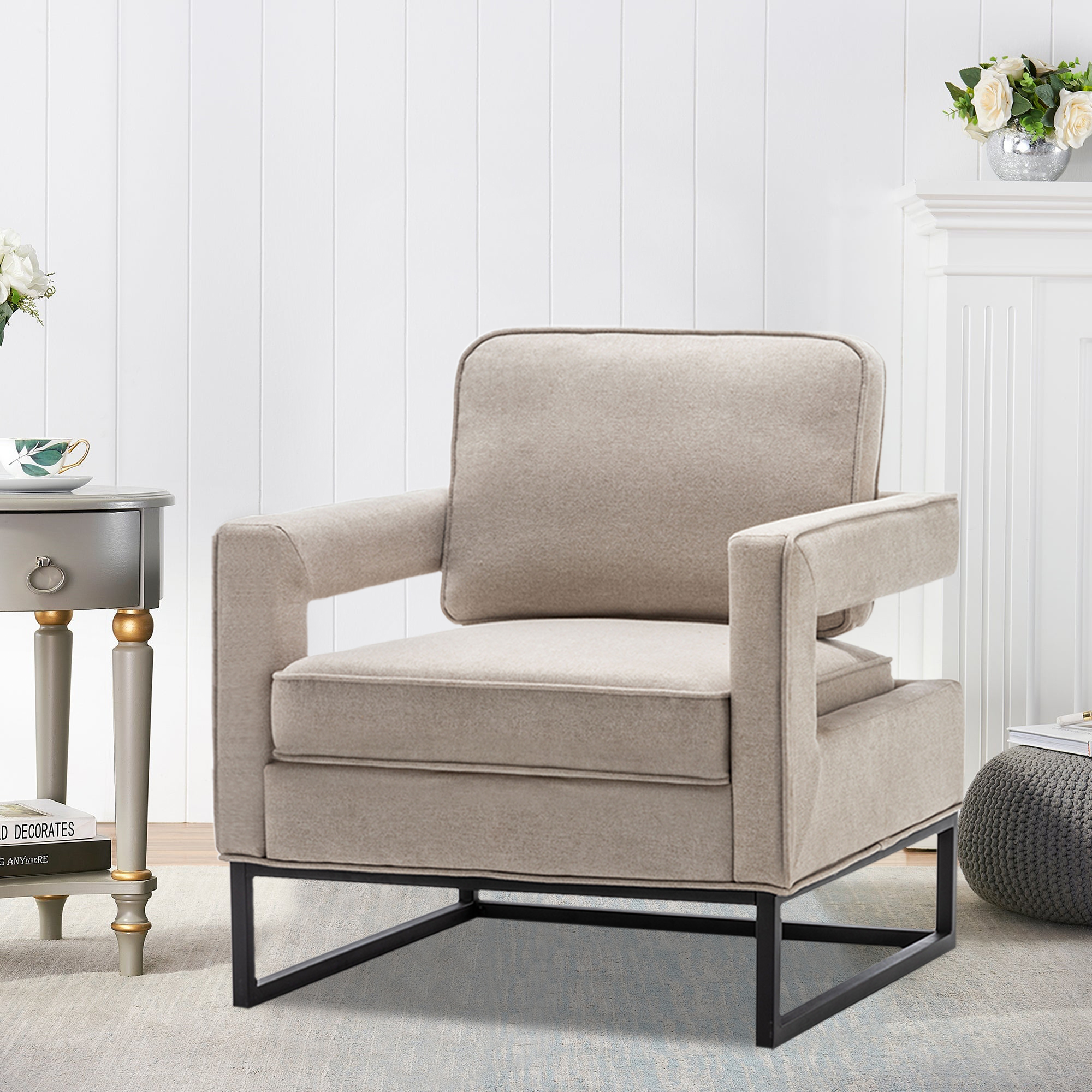 Andeworld Contemporary Upholstered Accent Armchairs Living Room Chair with Black Legs,Single Sofa Chair,Bedroom Reading Chair,Beige