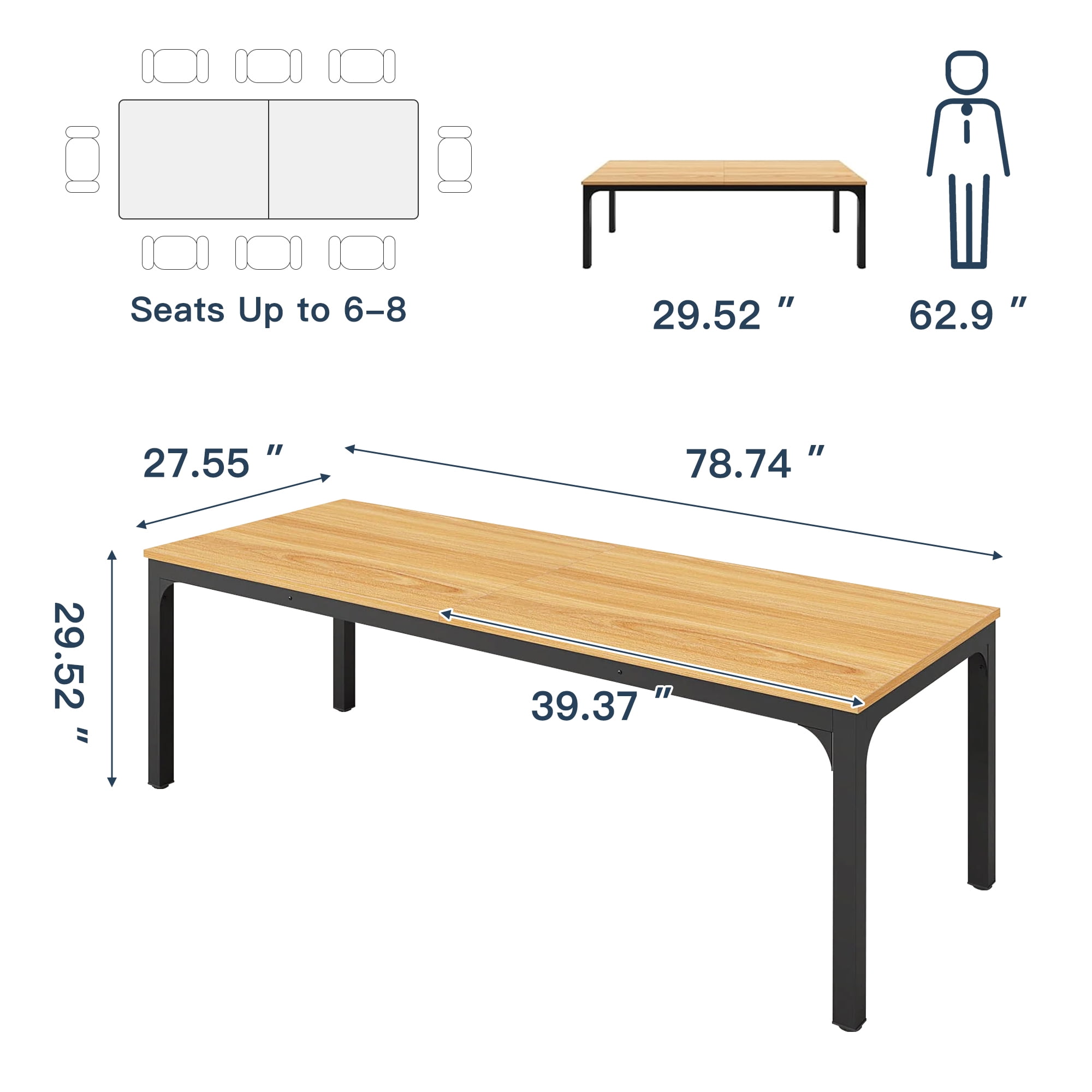 Demi Bonn 78" Farmhouse Dining Table, Wood Rustic Kitchen Table for 8 People, Large Rectangular Dinner Table for Dining Room, Home Office, Living Room Furniture, Beige