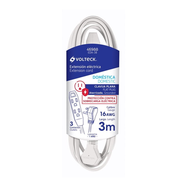 Extensión doméstica aterrizada 3 m blanca con clavija plana Volteck EDA-3B