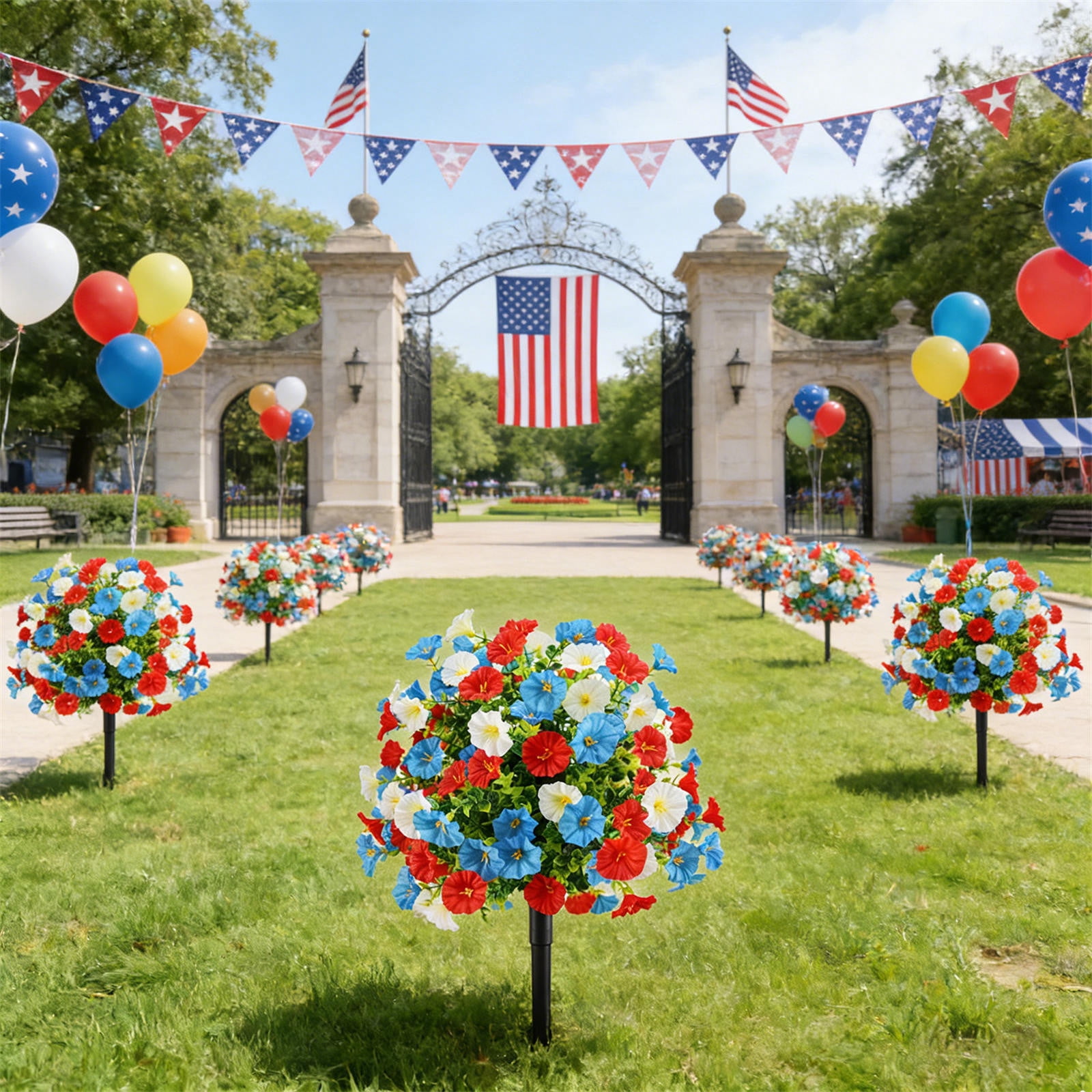 geerera 4th of July Patriotic Artificial Flower Topiary Stake, Red White Blue Fake Flower Yard Stake for Independence Day Outdoor Garden Decor