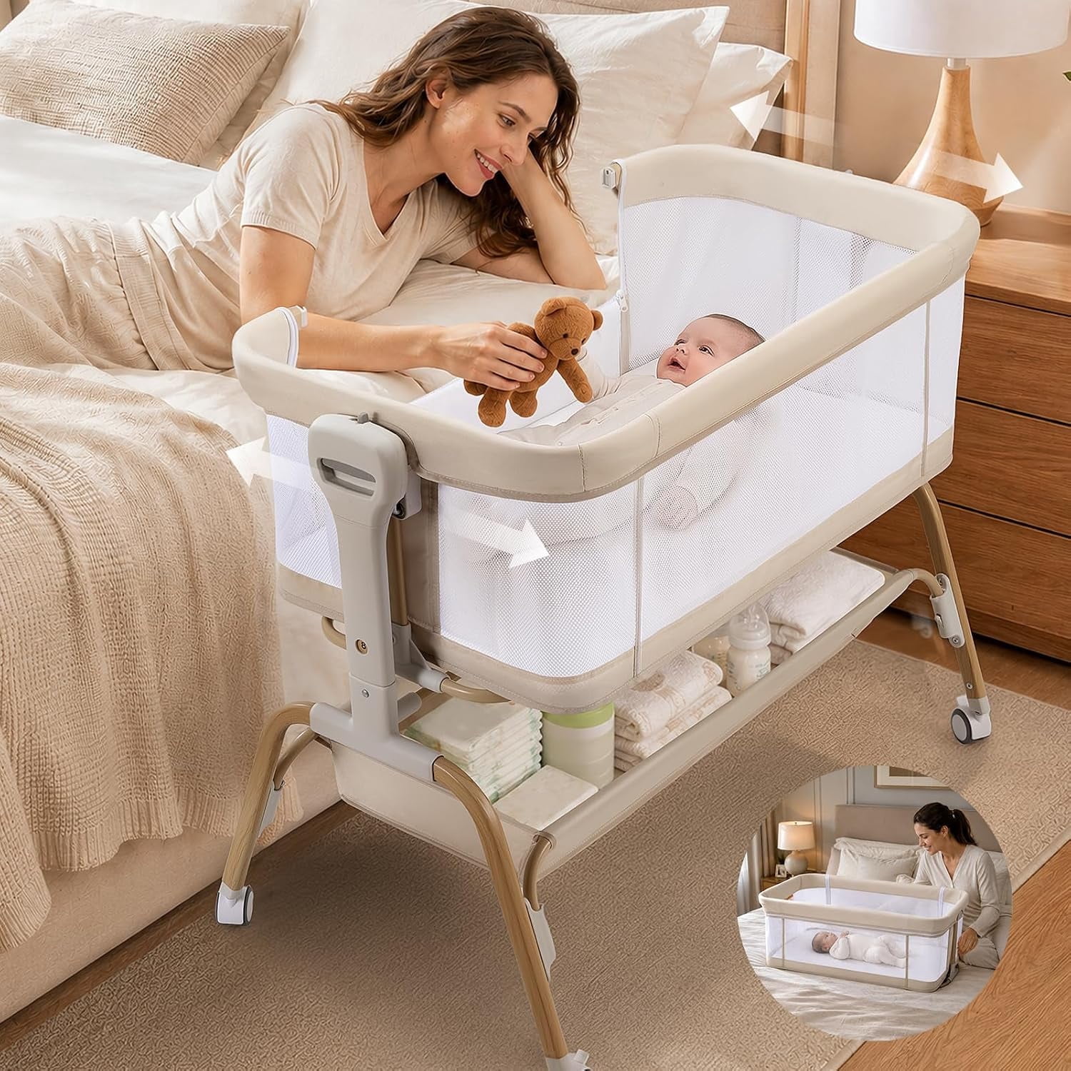 suihuooo 4-in-1 Baby Bassinet Bedside Sleeper with Rocking Mode 8 Adjustable Heights Storage Basket and Wheels,Beige