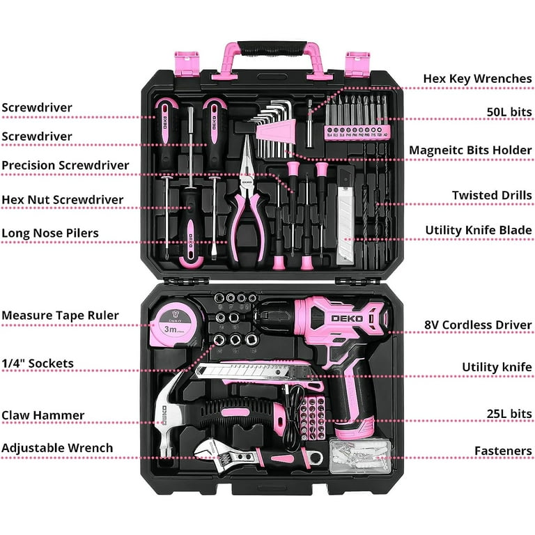 DEKOPRO 8V Pink Cordless Drill Set, 126-Piece Lightweight