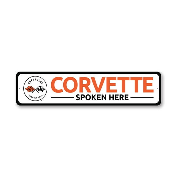 Corvette Spoken Here Chevy Metal Sign, Novelty Car Sign, Garage Decor - 4x18 inches