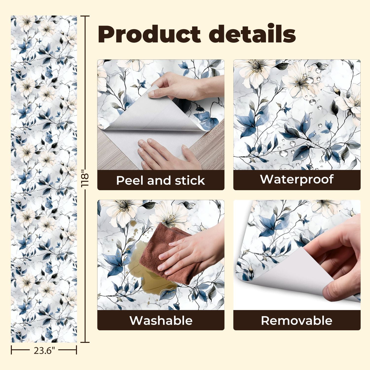 Peel and Stick Wallpaper 23.6in x 9.8ft Elegant Floral Blue Leaves White Flowers Marble Contact Paper Vinyl Self-Adhesive Removable Wall Paper for Bedroom Kitchen Cabinet Décor Renter Friendly