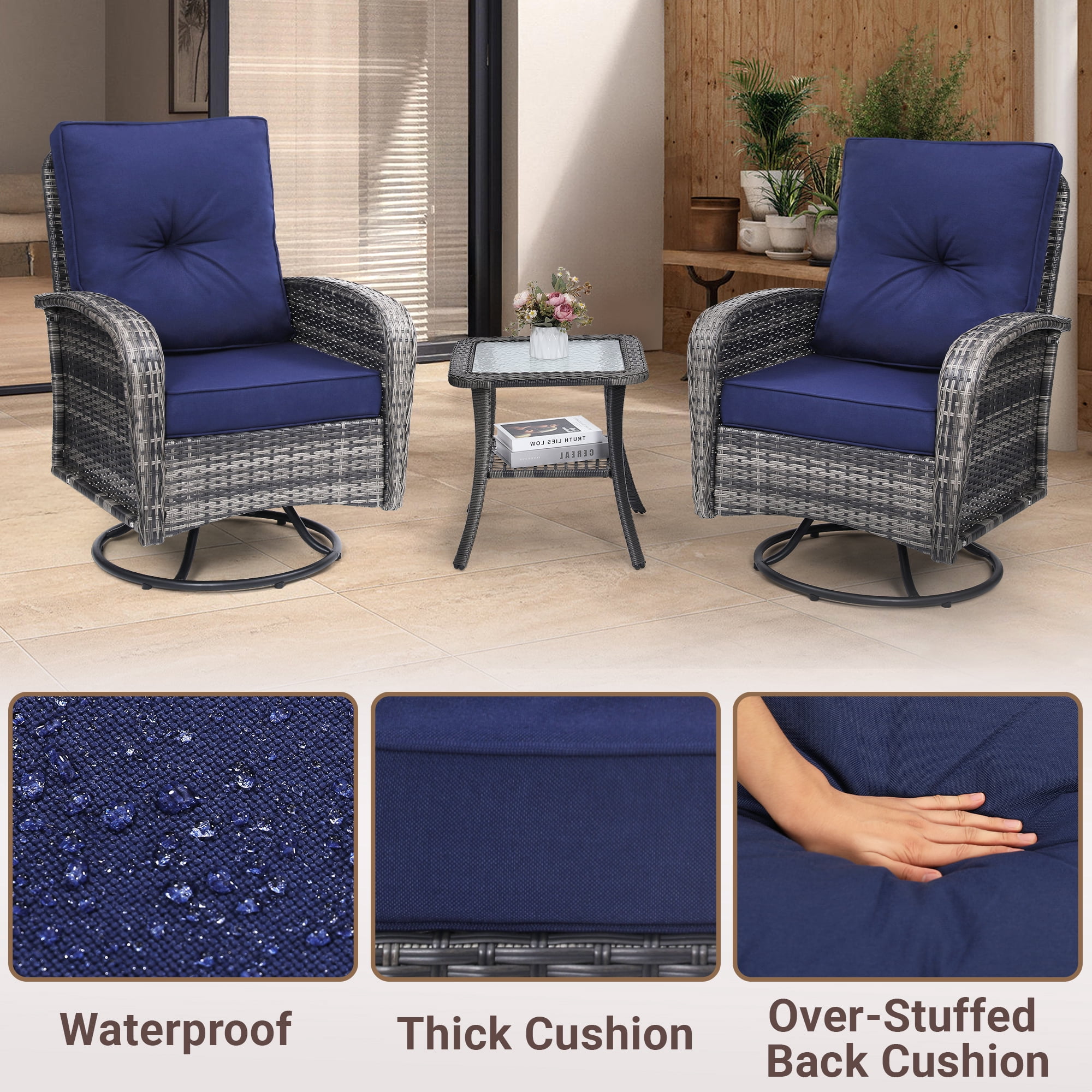 Melocadol Patio Wicker Glider Set, 2 Swivel Chairs with Matching Table, Comfy Washable Seat Cushions, Premium Outdoor Furniture for Garden, Balcony, Grey Rattan， Blue Cushion