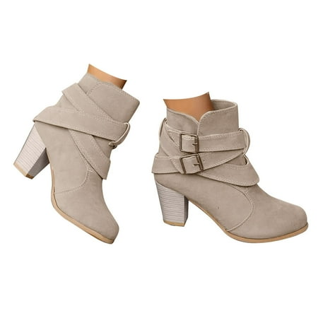 

Women Classic Pointed Toe Buckle Short Heel Boots Side Zippers Boot