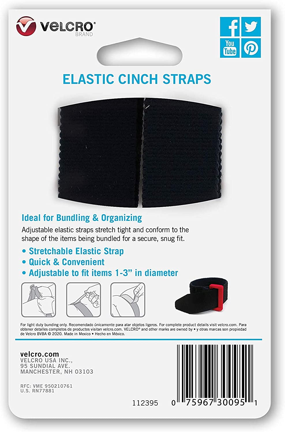 VELCRO Brand Elastic Cinch Straps with Buckle, 2 Count, Adjustable and  Stretch for Snug Fit, for Fastening Power Cords Organizing Cables, More