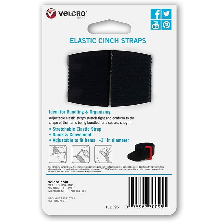 VELCRO Brand Elastic Cinch Straps with Buckle | 2 Count | Adjustable and  Stretch for Snug Fit | for Fastening Power Cords Organizing Cables, More 