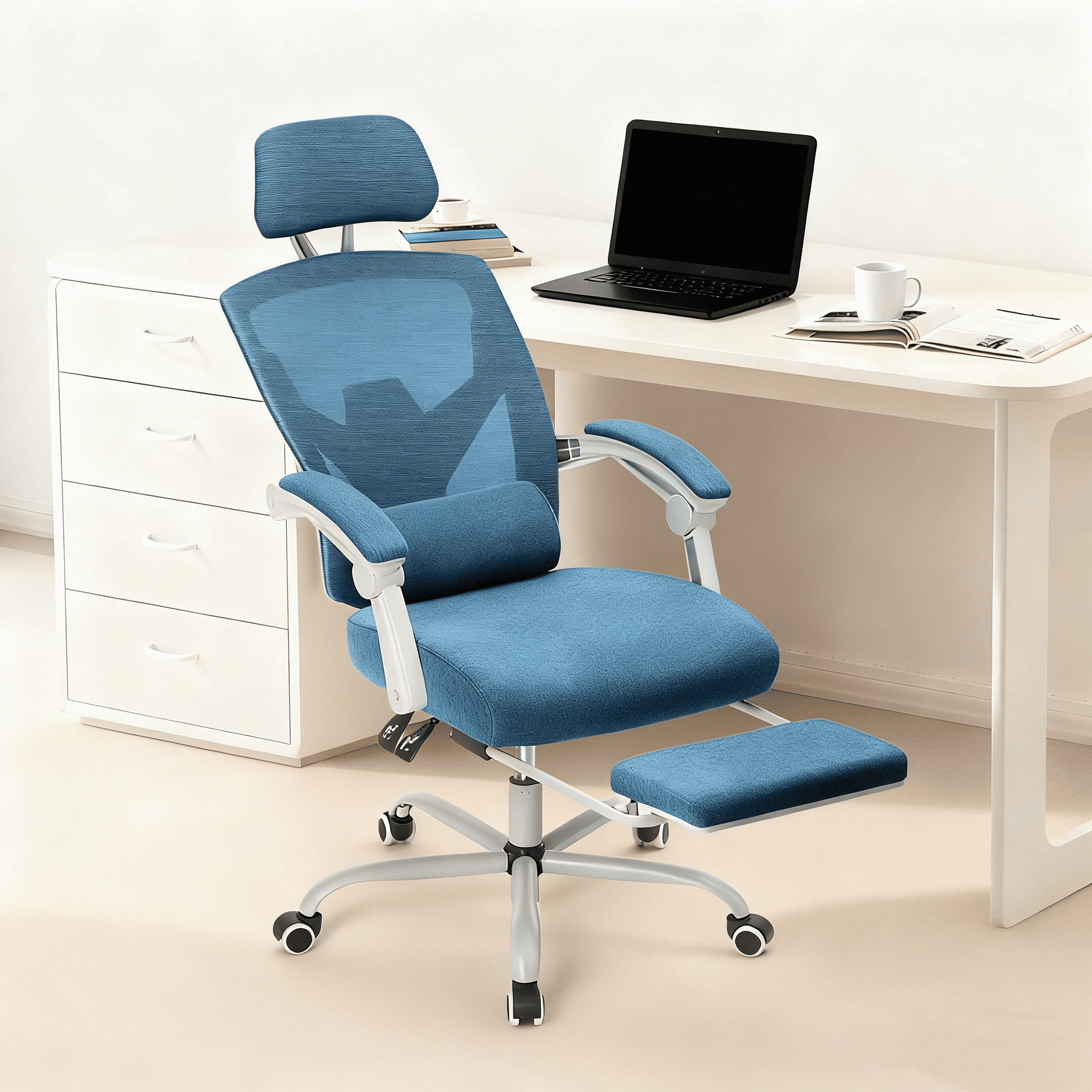 Office Computer Desk Chair, High-Back Ergonomic Mesh Swivel Chair with Lockable Recline, Adjustable Lumbar Support, Retractable Footrest & Padded Arms for Home Office, Study, and Gaming, Blue