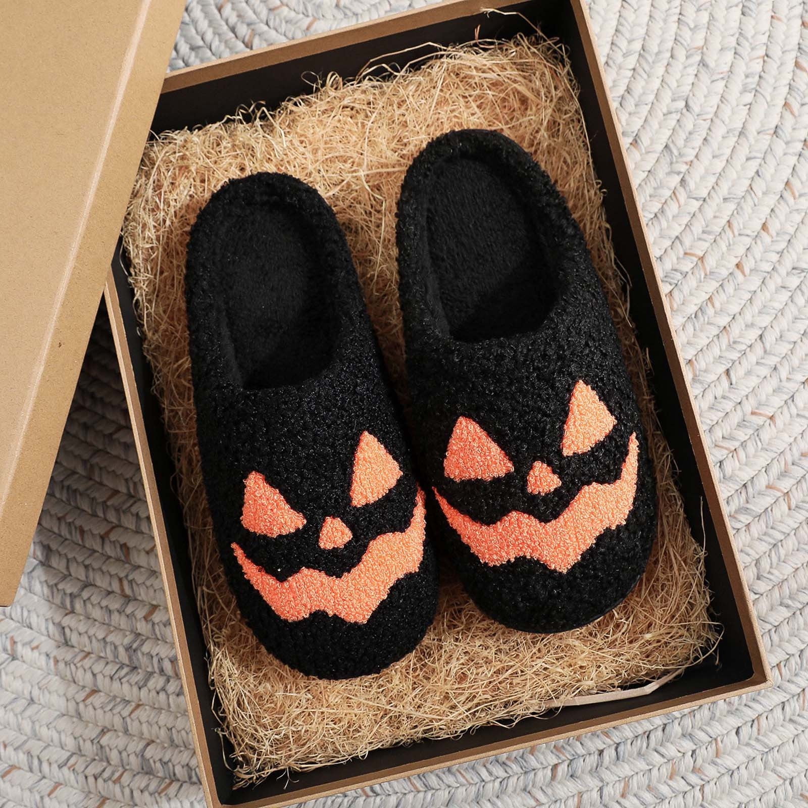 Women's Fashionable Casual Versatile Indoor Home Funny Halloween Pumpkin Face Embroidery Fashionable Fall And Winter Style Trendy Warm Flat Slippers