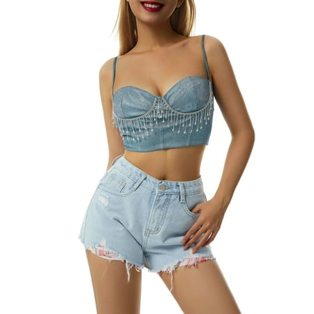 

Women Rhinestone Tassel Corset Tops Sleeveless Push Up Diamond Tassel Crop Camisoles Bling Clubwear