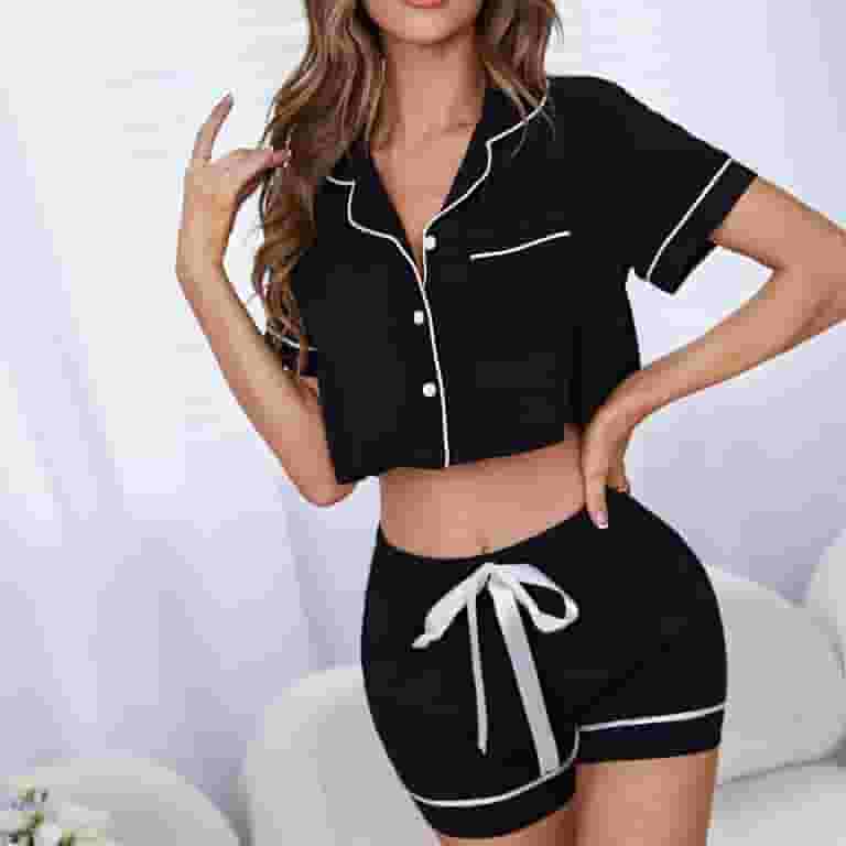 信頼も高い Summer Women's Pajamas Button Sleeve Short Lapel Piece 2 Clothing