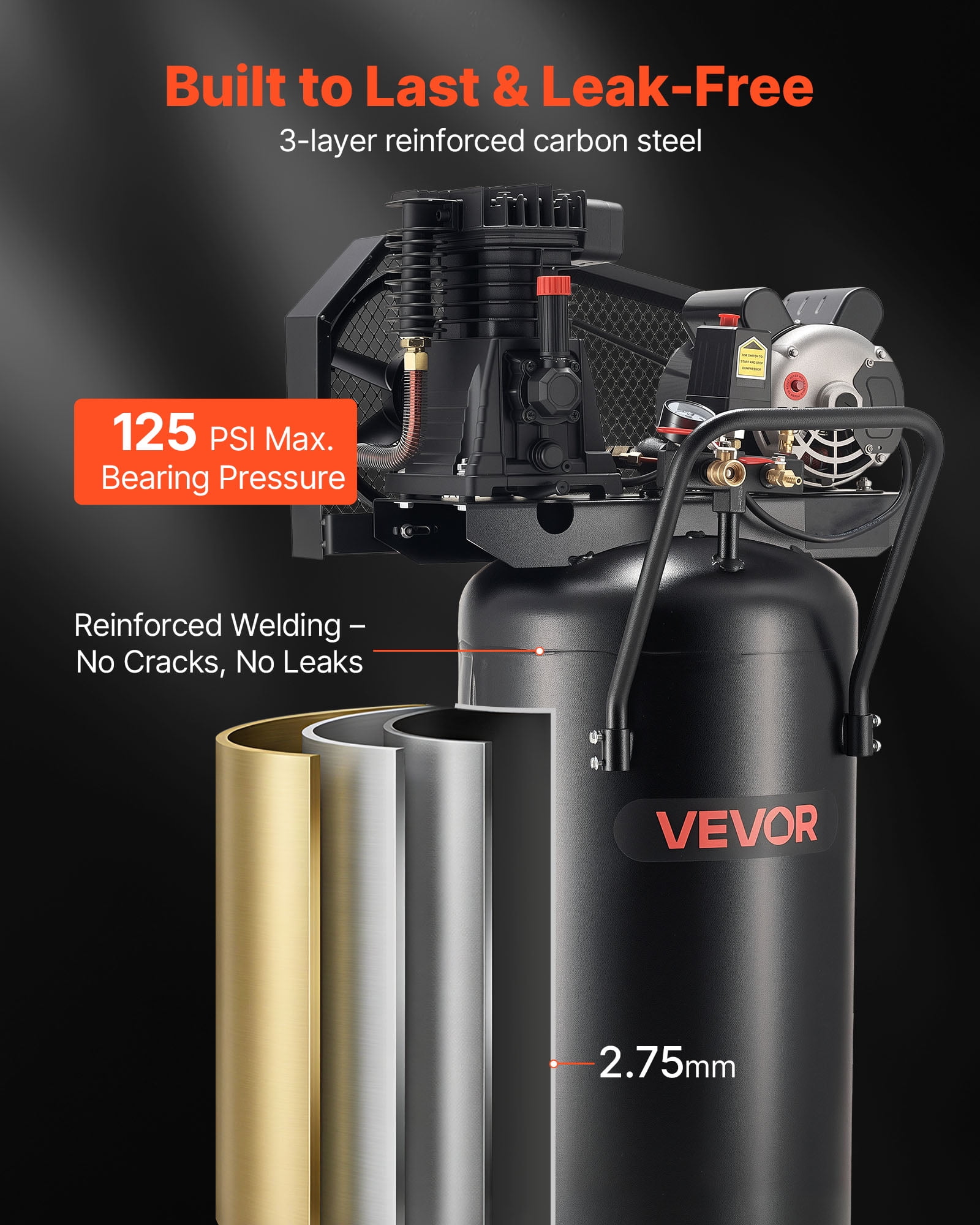 VEVOR 30-Gallon Air Compressor, 2HP 5.3SCFM at 90PSI, Max 125PSI Pressure Oil-Lubricated Air Compressor Tank, Portable on Wheels for Auto Repair, Tire Inflation, Spray Painting, Woodwork Nailing,120V