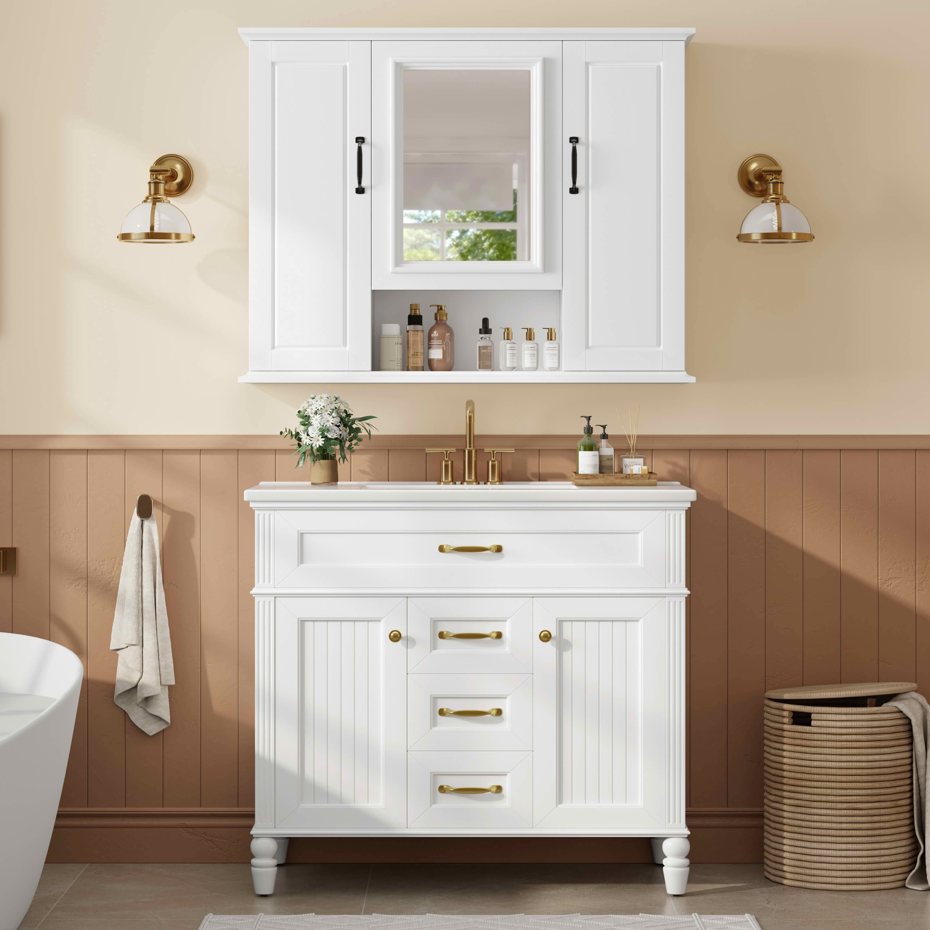 MAYEERTY 36" Bathroom Vanity with Sink White MDF Rubberwood 3 Drawers Adjustable Shelf Freestanding