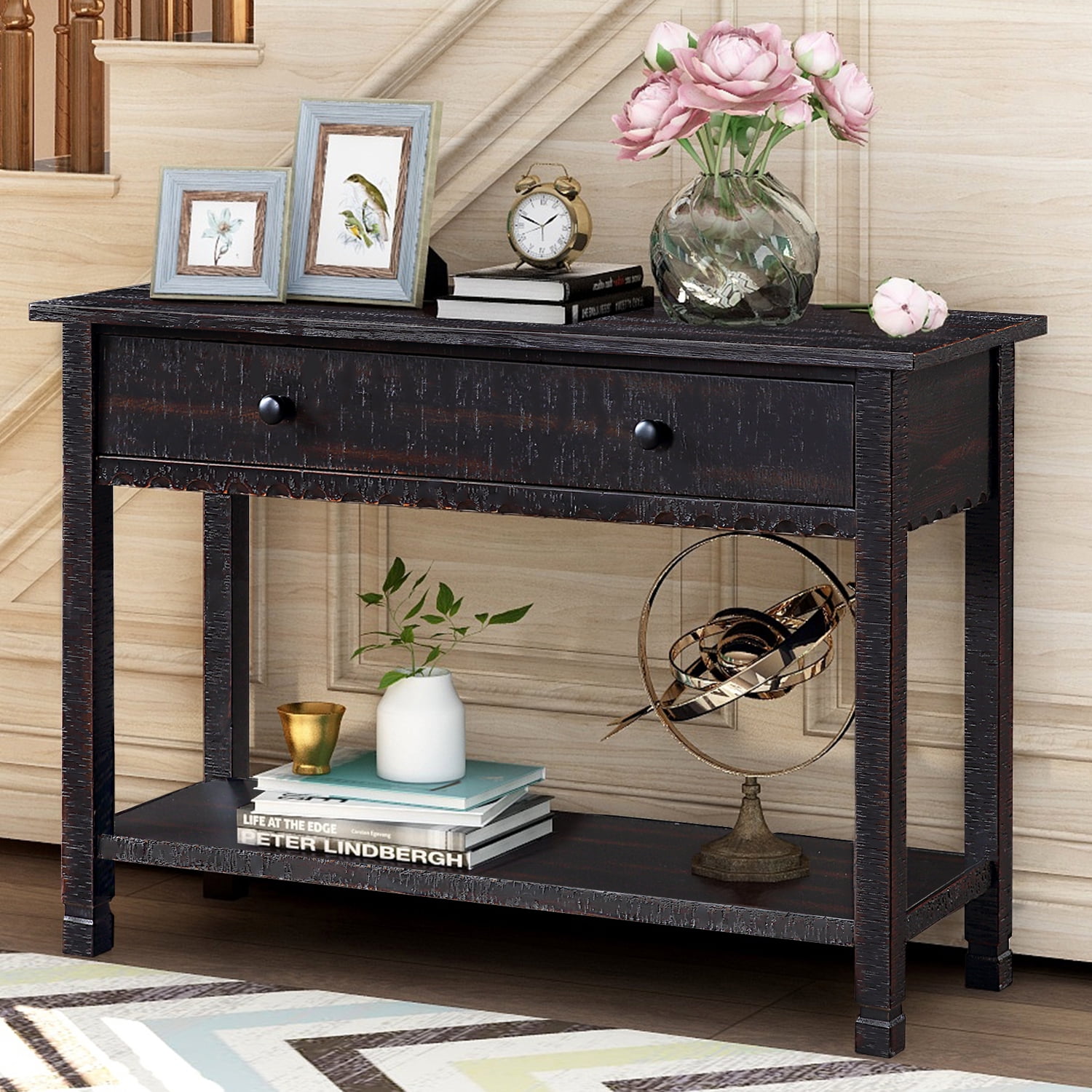 Console Table with Storage, Modern Wavy Edge Sofa Table with Storage