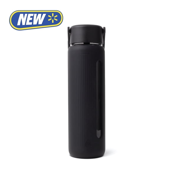 TAL 24oz Glass Willow Water Bottle with Flip-up Straw and Handle, Black