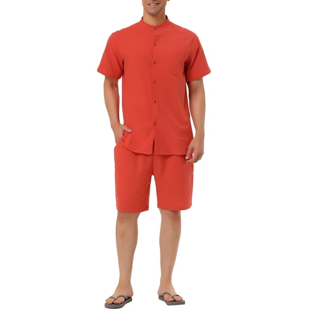 Conjuntos de lino para hombres INSPIRE CHIC con cuello de banda, camisa de botones de manga corta y pantalones cortos de playa sólidos 2XL color rojo ladrillo