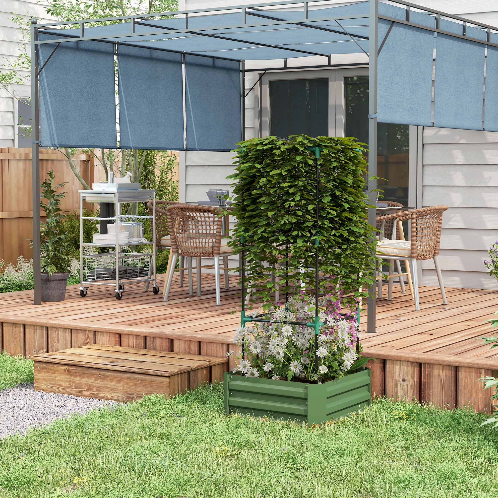 Outsunny Raised Garden Bed, 24" x 24" x 55" Galvanized Planter Box w/ Tomato Cage, Open Bottom for Climbing Vines, Green