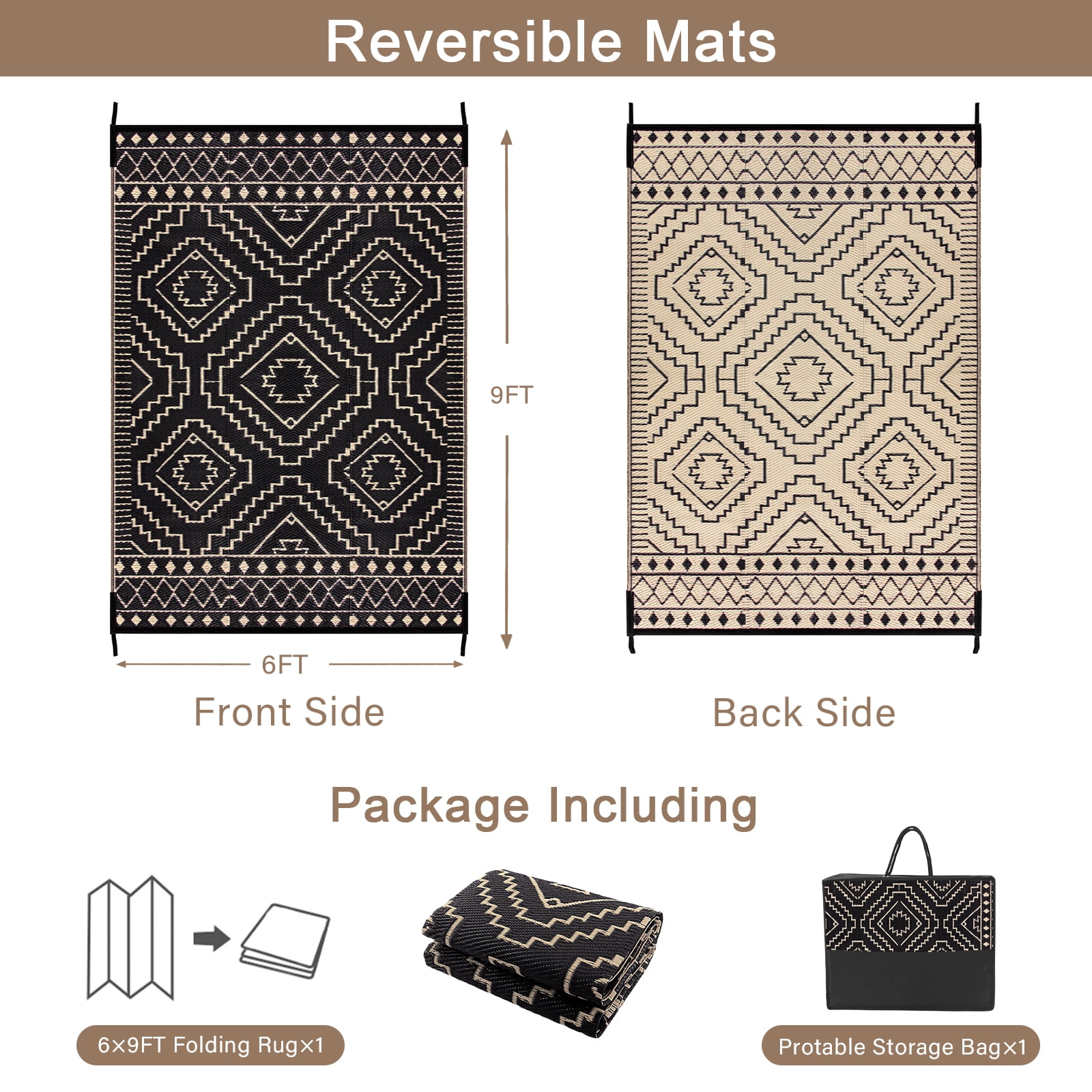 Lahome Waterproof Outdoor Rug 6x9, Reversible Plastic Straw Patio Mat - Moroccan Design for Backyard, Balcony, Garden, Deck, RV Camping, Black & Beige