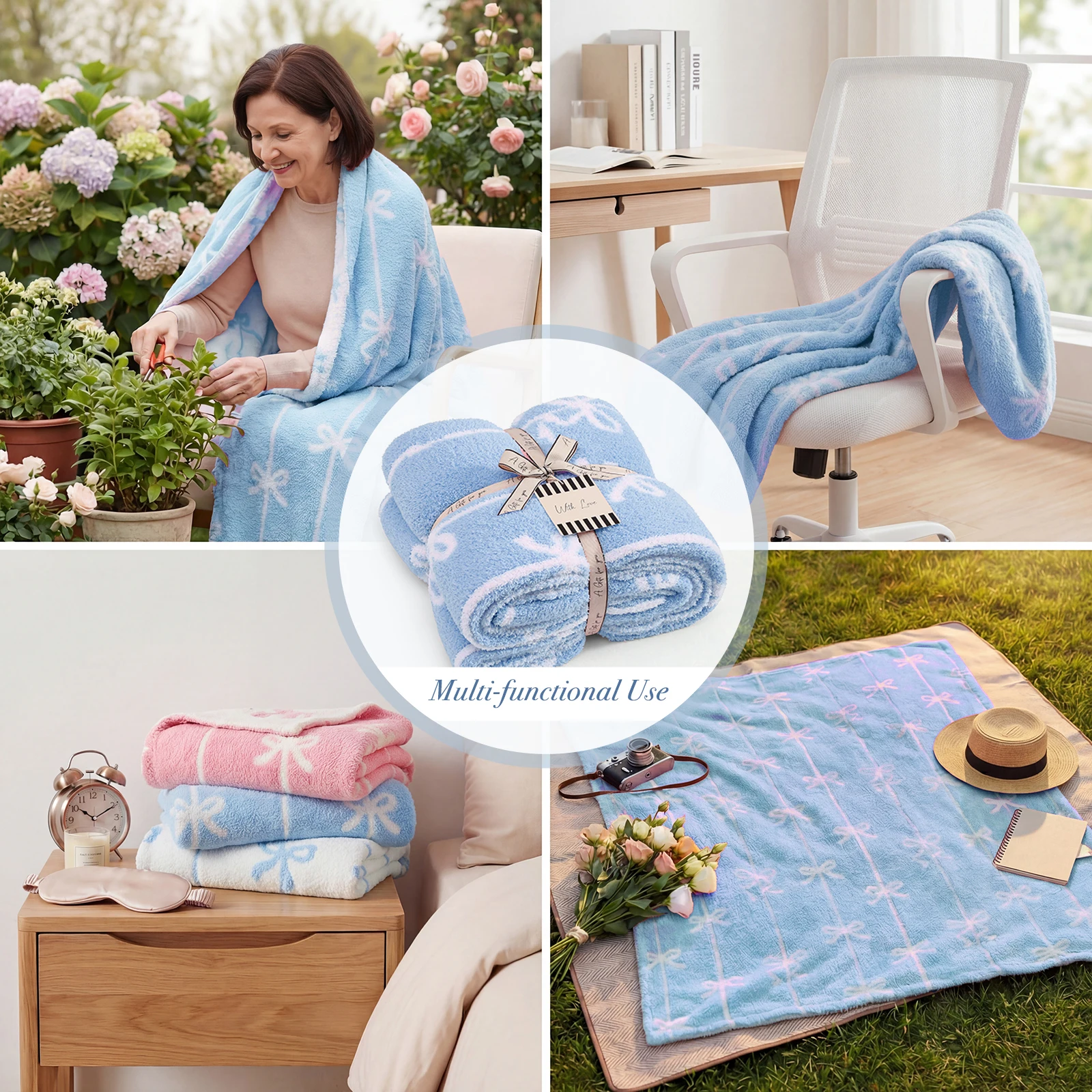 Catami Diamond Pattern Reversible Throw Blanket,Blue Bow,50*60
