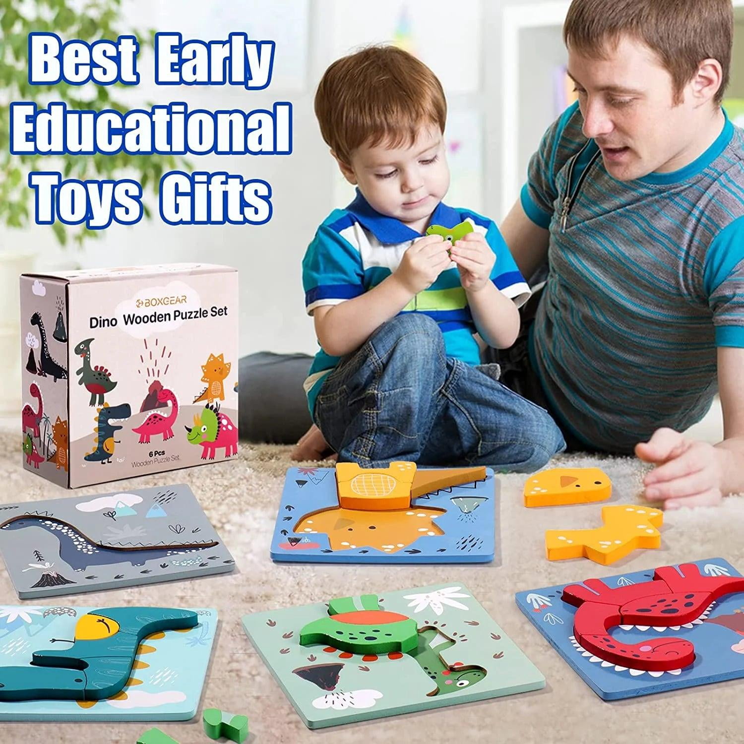 6 Pcs Colorful Dinosaur Shape Wooden Animal Jigsaw Puzzles Baby Educational Toys for Toddler Boys and Girls