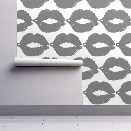 Peel-and-Stick Removable Wallpaper Lips Lips Charcoal Gray White Valentines