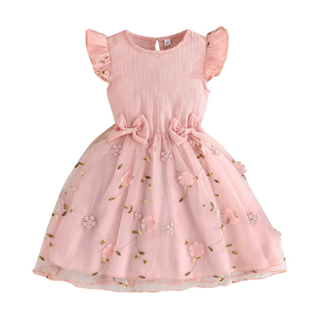 Rhuody Robes de Printemps pour Filles Robe d'Été à Col Rond avec Nœud et Manches Florales Robe de Fête en Maille Transparente pour Tout-Petits Enfants Combinaison Confortable Rouge 6-7 Ans