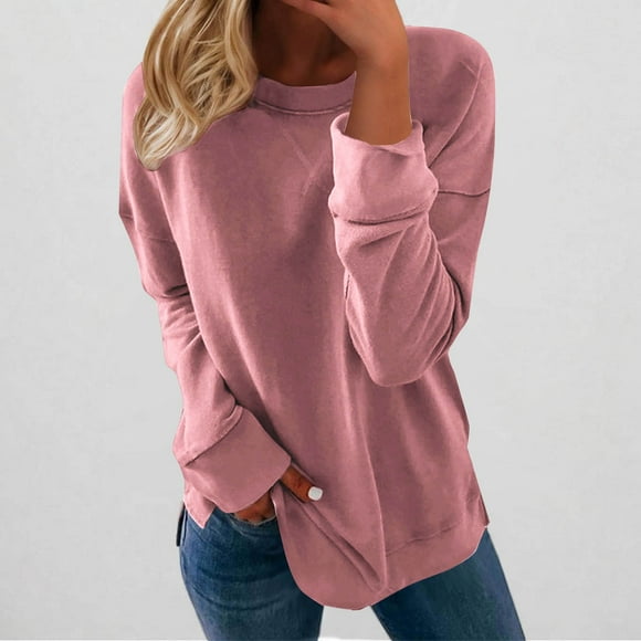 ZMFXJPE Womens Long Sleeve Pullover Tops Casual Sweatshirt Crew Neck Sweat Shirt Womens Womans Fall Sweaters, Pink, XXL