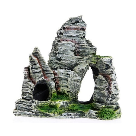 Vivid Aquarium Rockery Decoration Fish Tank Resin Mountain View Stone Ornament Fish Hiding Cave Fishes Hiding Playing Toy - Gray, 11x5.5x11cm