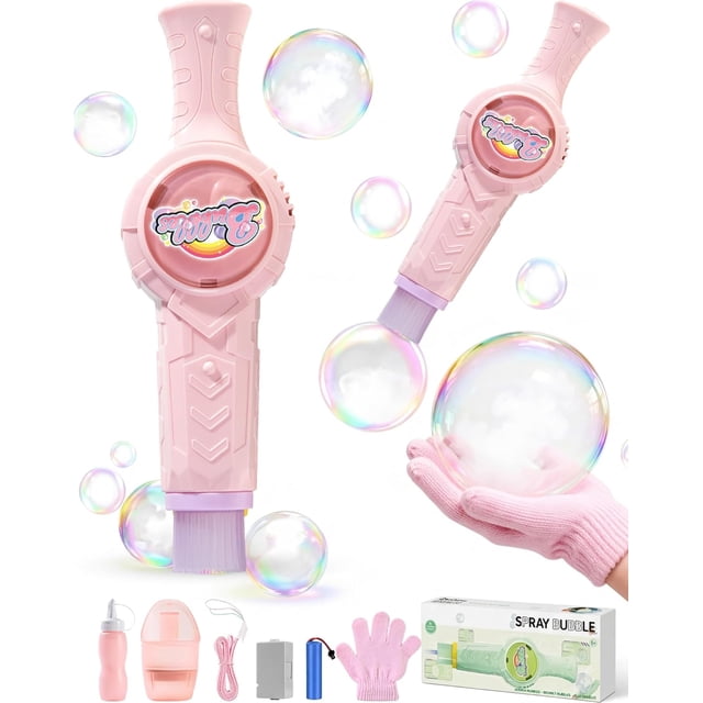 Magic Colorful Smoke Bubble Machine - Rechargeable Fog Bubble Wand with LED Lights & Music, Automatic Mist Bubble Blower for Kids, Portable Smoke Filled Bubble Toy for Birthday Parties (B)