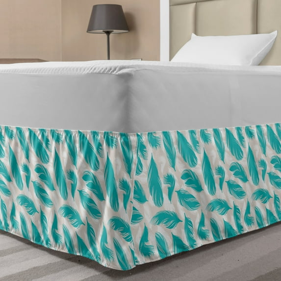 Turquoise Bed Skirt, Quills Design Bird Feathers Abstract Animal Elements Nature Inspired, Elastic Bedskirt Dust Ruffle Wrap Around for Bedding Decor, 4 Sizes, Turquoise White Beige, by Ambesonne