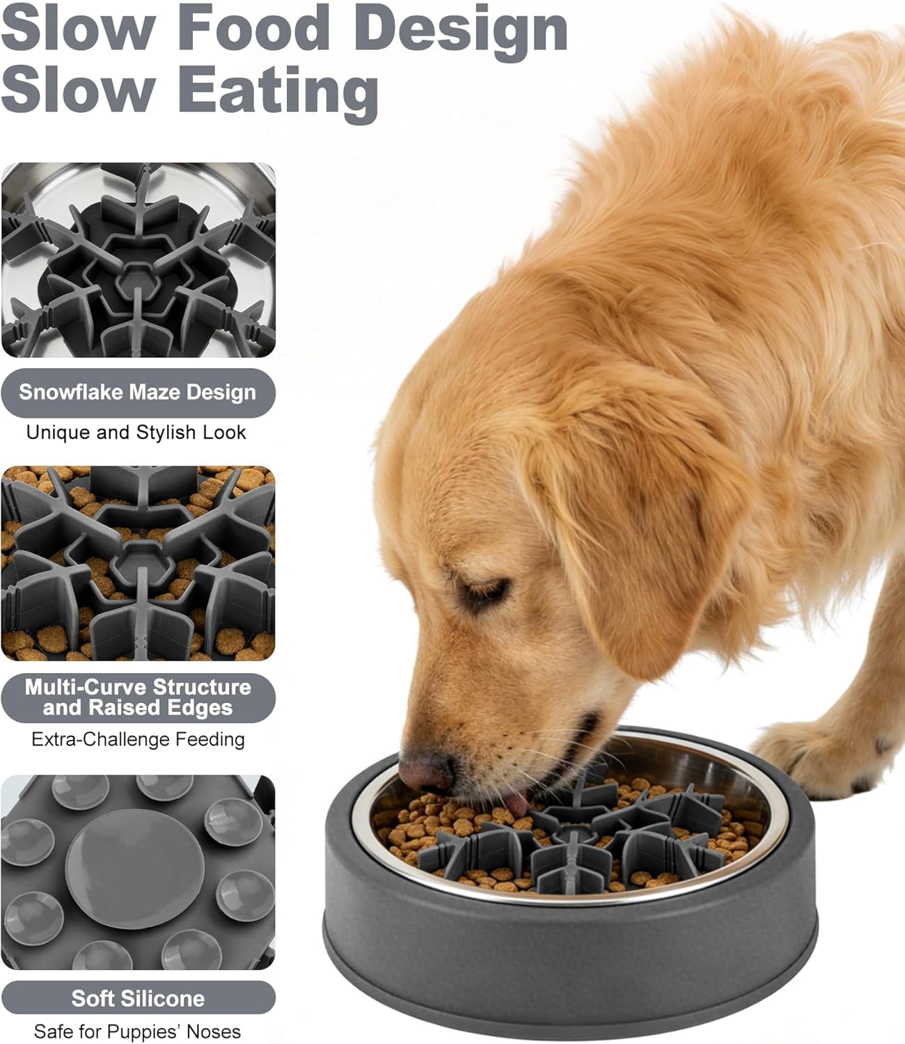Slow Feeder Insert for Dog Bowl,  100% Food-Grade Silicone Slow Feeder Insert Fits Large Medium Small Size Dogs, Compatible with Regular & Elevated Bowls, Helps Prevent Digestive Issues, Gray