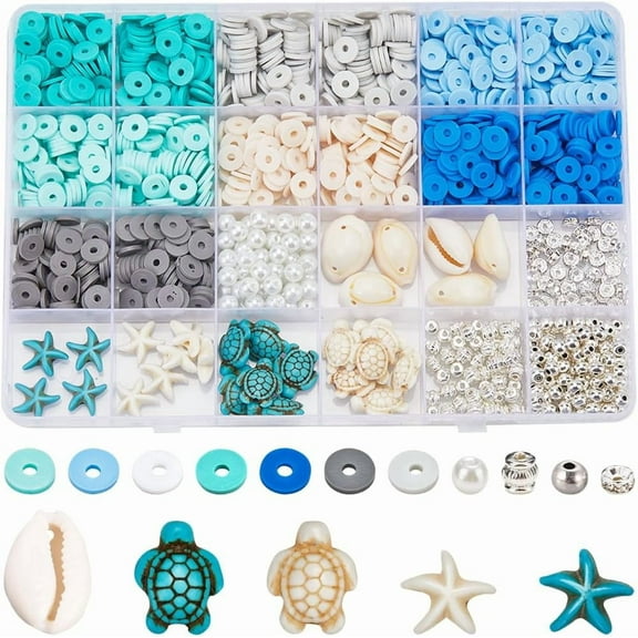 1 Box 1240Pcs Ocean Bead Kit Blue Clay Bead Seashell Sea Turtles Starfish Bead Animal Beads Ocean Theme Beads Hawaii Summer Spcaer Beads for Jewelry Making Kits Women Adults DIY Supplies