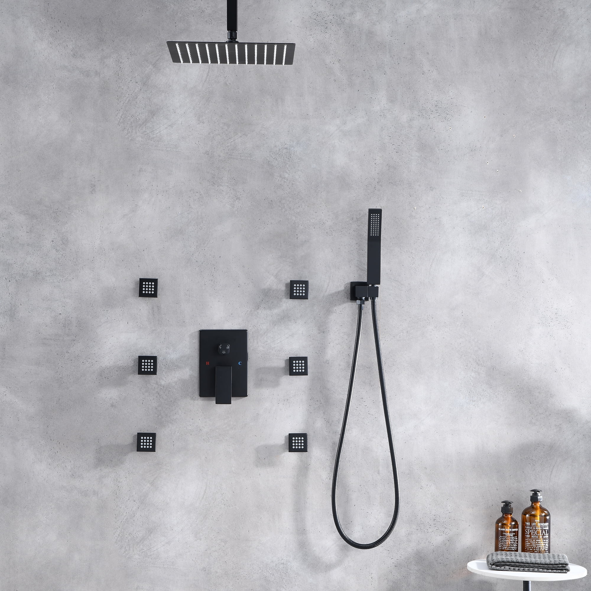 Full Body Shower System with Body Shower Spray Jets, 12'' Ceiling Shower Head System with Jets & Hand Shower, Matte Black Rain Shower System Faucet Set with Jets & Valve