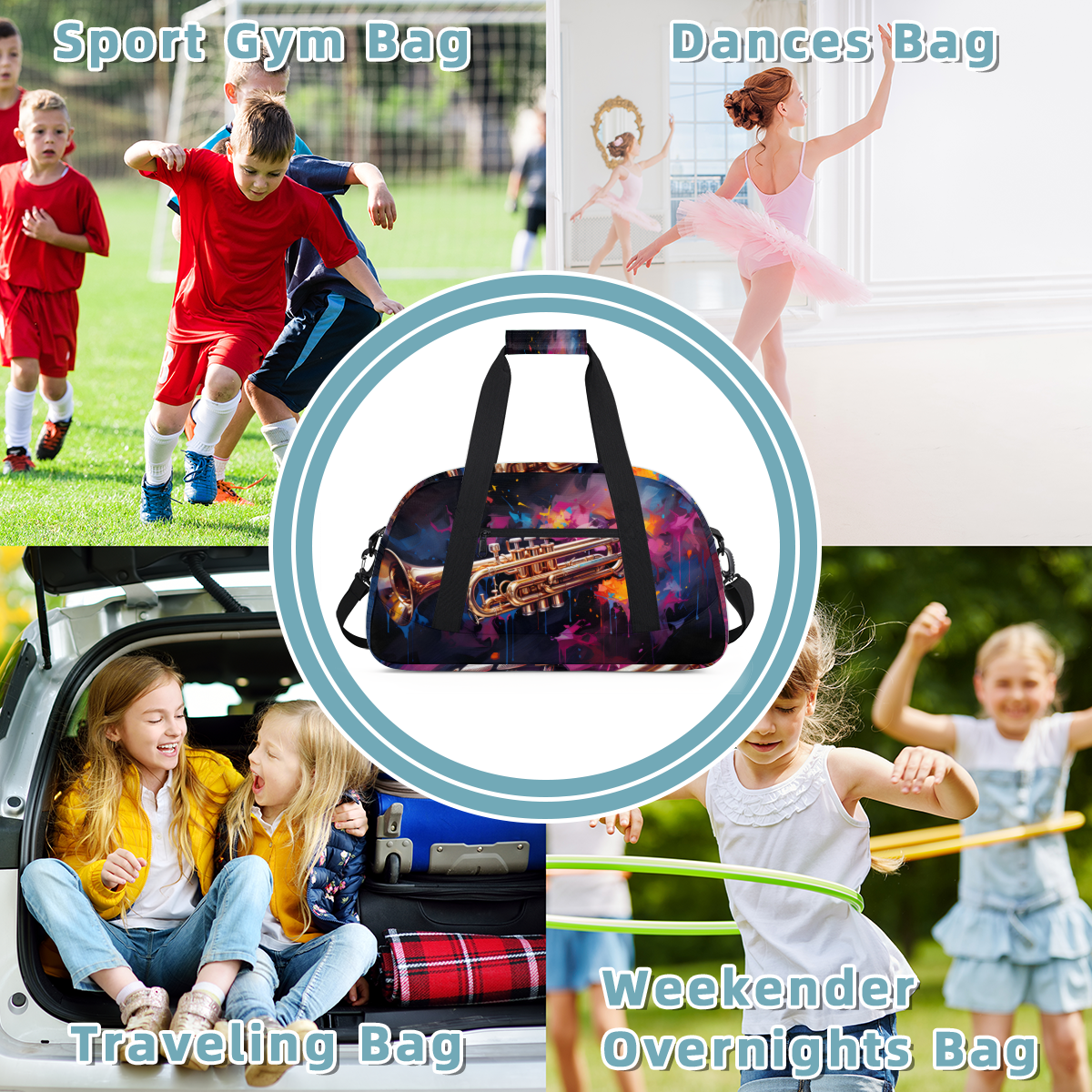 Herdesigns Trumpet Sports Duffle Bag for Women & Men, Music Theme Gym Bag Dance Bag Overnight Bag Carry On Weekender Travel Bag