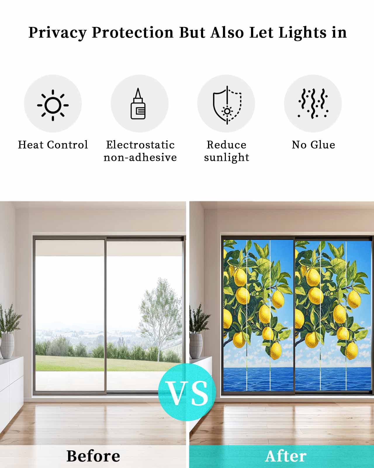 Window Privacy Film Coastal Lemon Stained Glass Window Film Decorative Sun Block Window Cover Summer Ocean Waves Fruit Trees Window Clings Static Adhesive Sticker for Bathroom 23.6"x59"