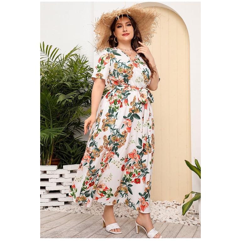 aura floral maxi dress Aura V Neck Floral Maxi Dress High Waisted Short Sleeve Summer Dress Elegant Commuting Long Skirt Polyester Printed Plus Size, Women's, Size: Medium
