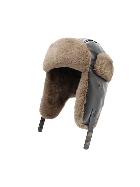 Trapper Russian Bomber Hat - Winter Trooper Ski Ear Flap Cap - Faux Leather Aviator Hats YZT0236 (Grey)