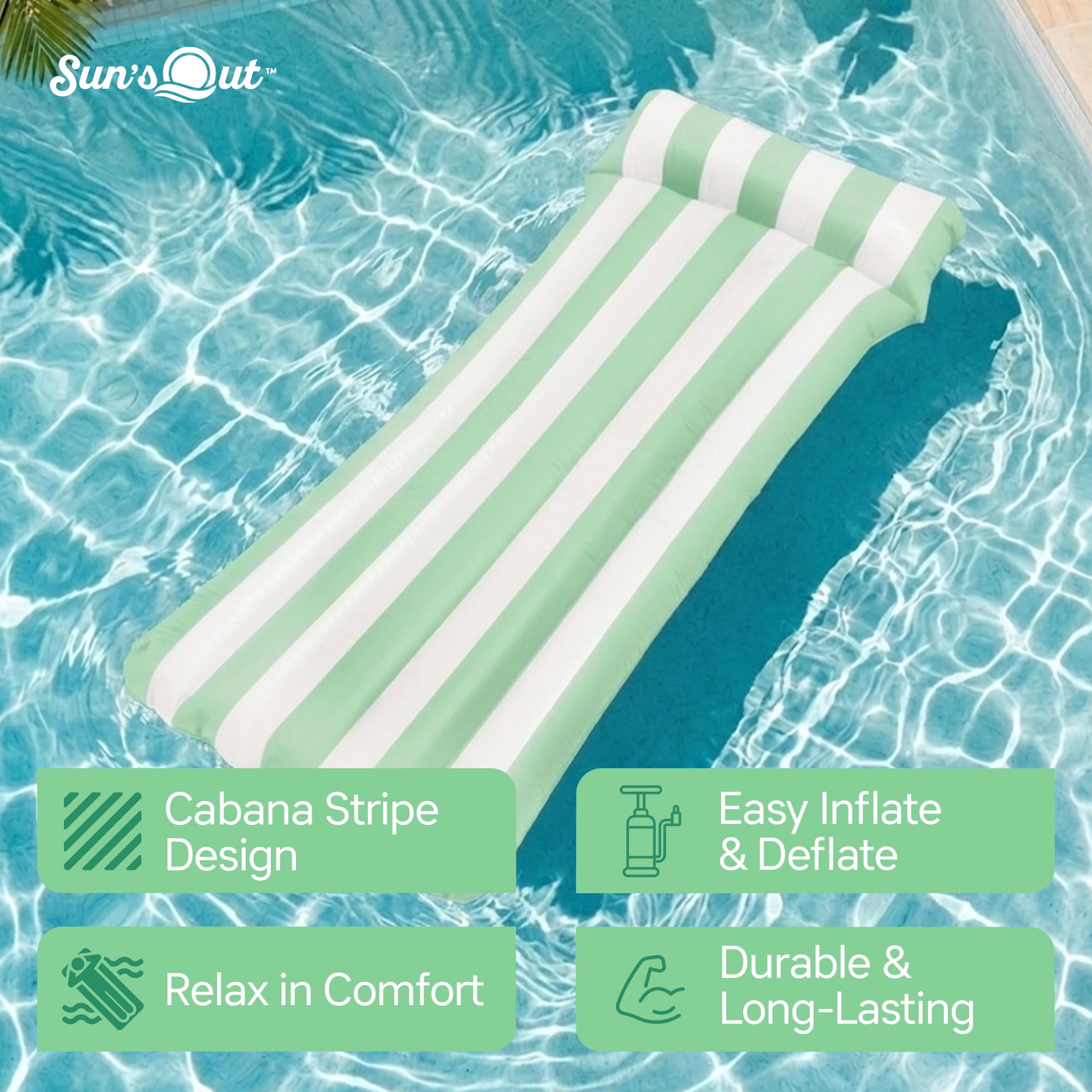 Sun's Out Pool Lounger 70" Inflatable Raft with Built-In Pillow for Ages 14+