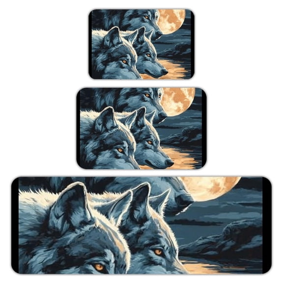 RKSupls Kitchen Rug Set 3 Piece Anti-Slip Flannel Floor Mats, Wolves Moon Water Washable Absorbent Runner Mats for Kitchen Bathroom Home Decor
