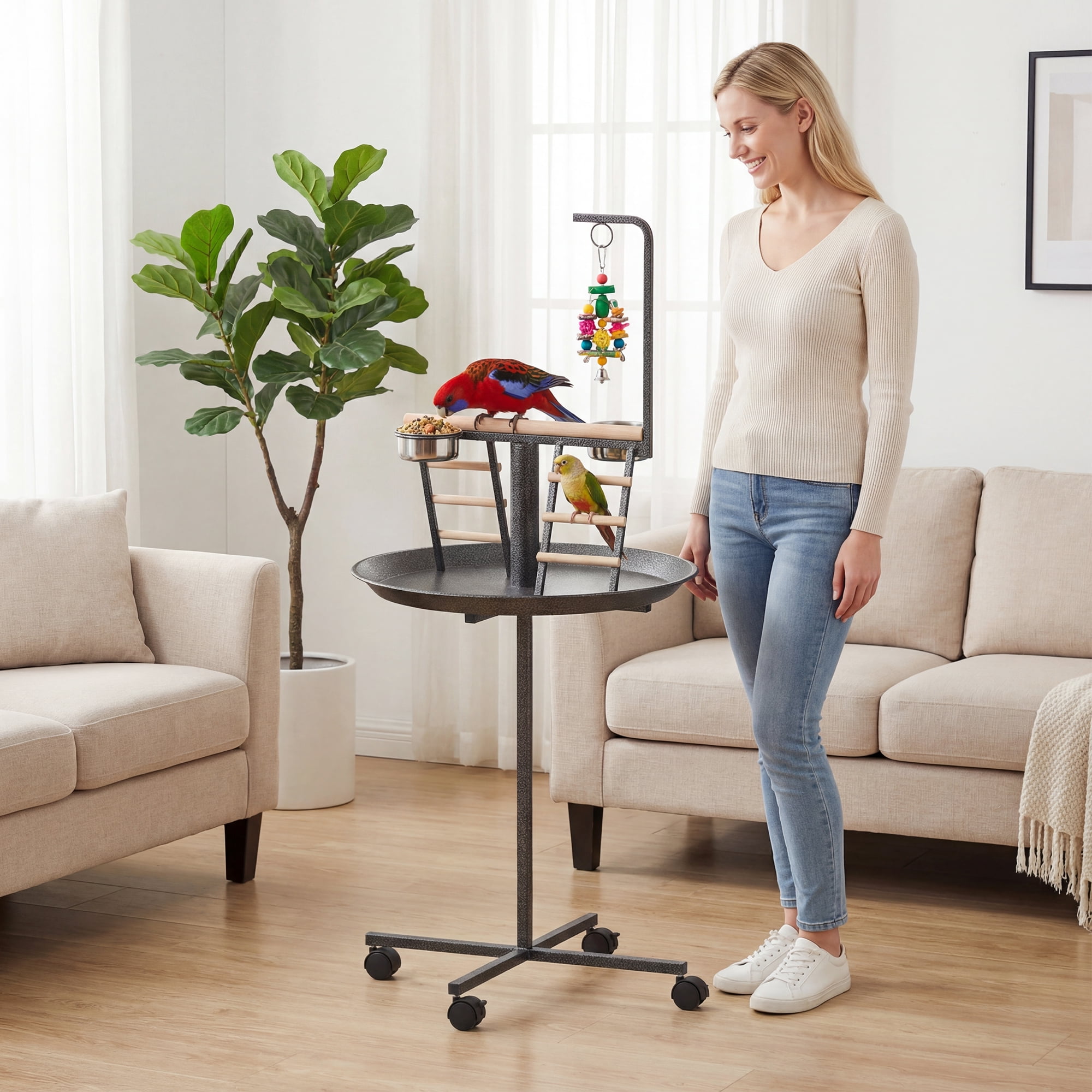 PawHut Bird Stand with Wheels Parrot Play Stand with Round Tray Stainless Steel Feed Bowls Indoor Outdoor Dark Gray