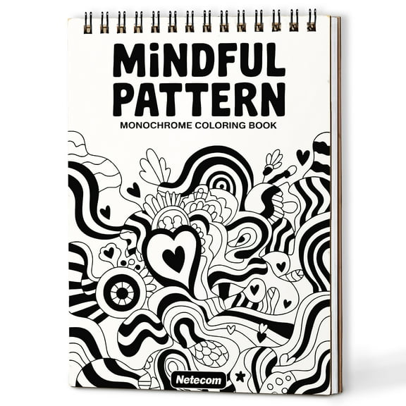 Mindful Pattern Monochrome Coloring Book Spiral Bound for Adults, A5 Wooden Cover, Relaxing One-Color Illustrations with Flowers, Hearts, Geometric for Mindfulness, Stress Relief