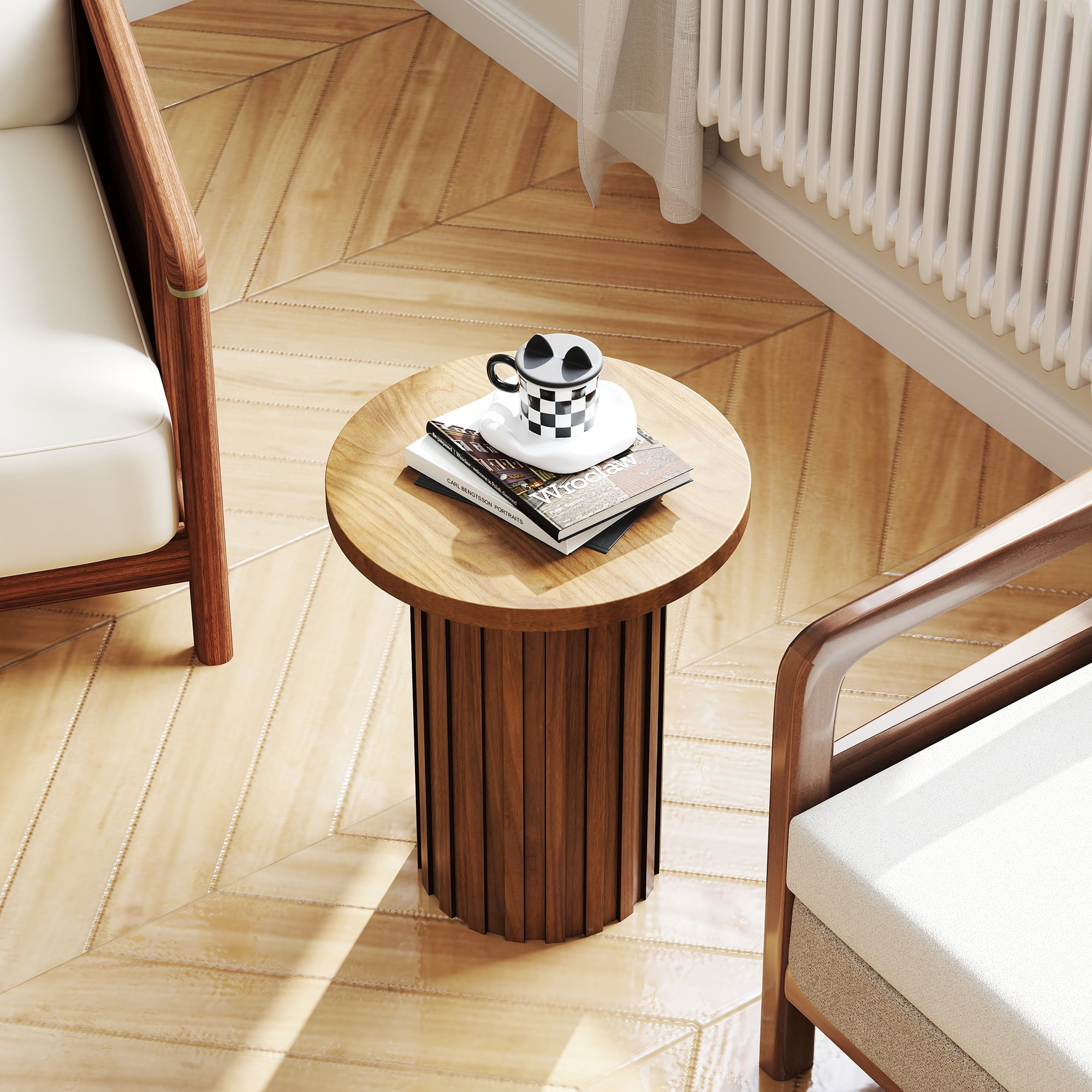 Round Side End Table 22" Tall Fluted Small End Table for Small Spaces, Modern Farmhouse Wooden Accent Table Small Drink Table for Living Room Bedroom(Walnut)