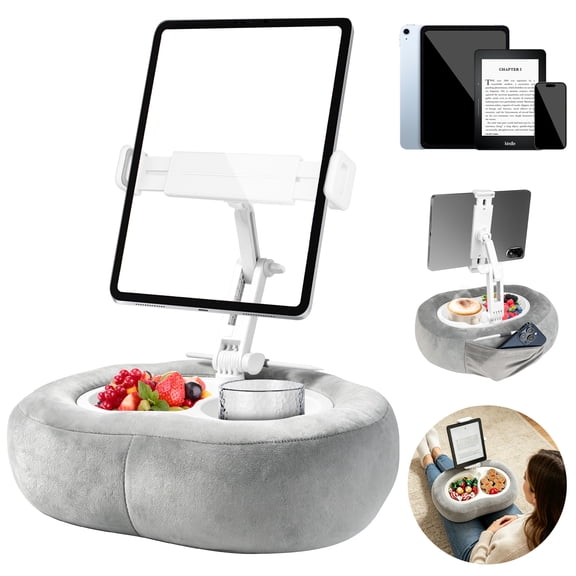 EEEkit Tablet Pillow Stand for Bed, 360° Adjustable Phone Holder, Soft Plush Lap Stand with Detachable Bowl, Fit for 4.7"–13" iPad, iPhone, Samsung, Gray