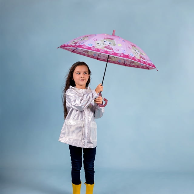 Paraguas Infantil Sistema Semiautomático Mango Curvo Incluye Silbato Color Fucsia