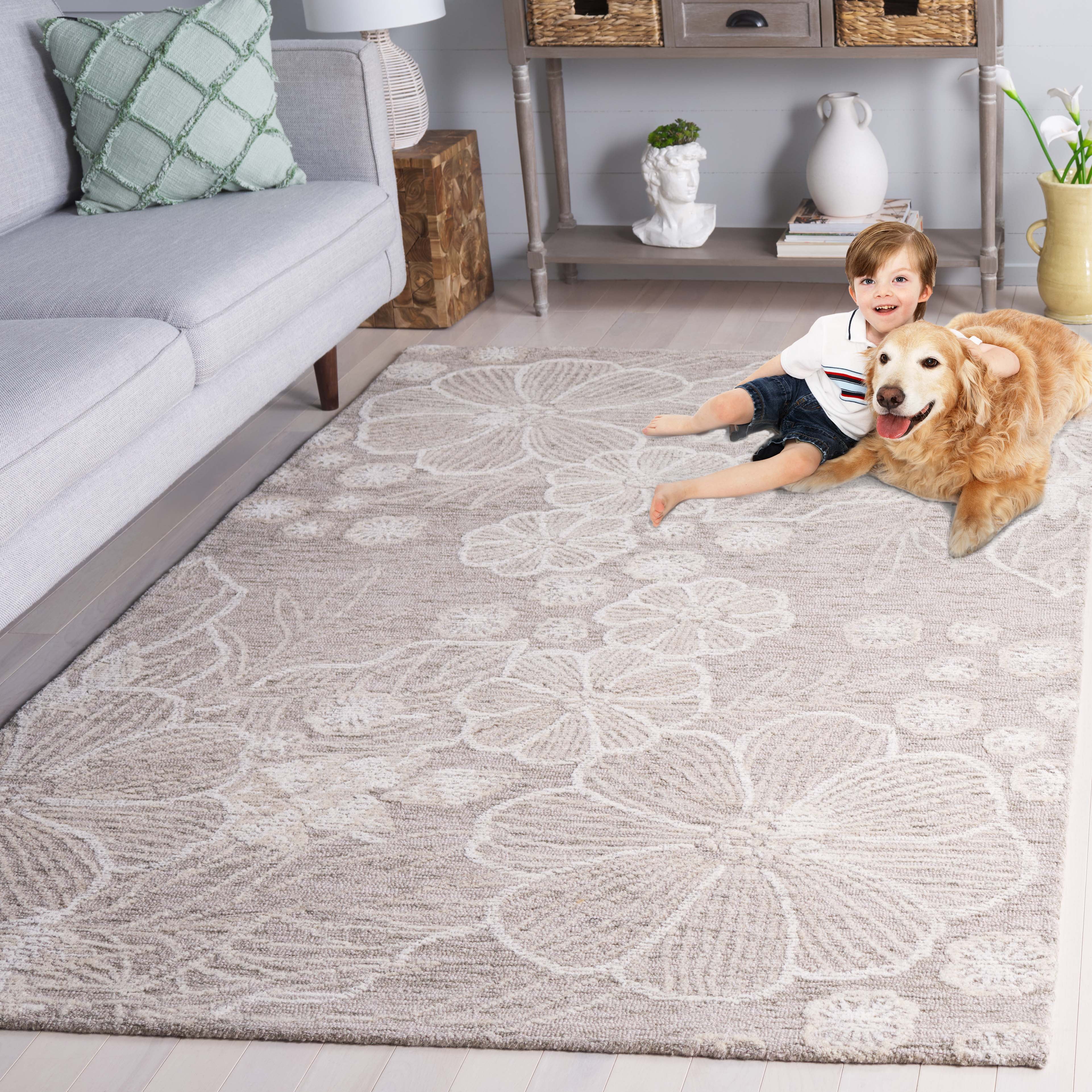 SAFAVIEH Jardin Lucetta Floral Area Rug, Grey/Ivory, 6' x 6' Square