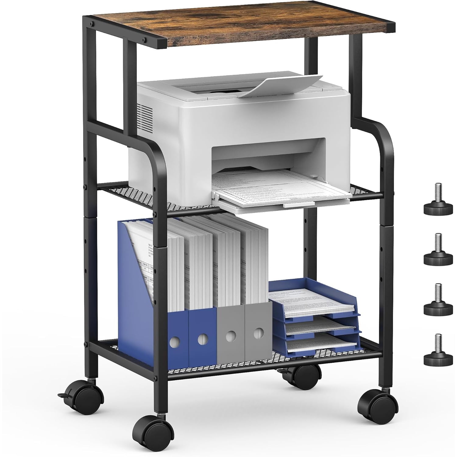 Fannova Extra Large Rolling Printer Cart - 3 Tier Adjustable Stand With Locking Wheels For Heavy Printers, White