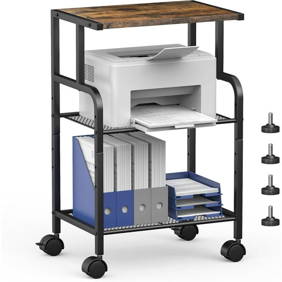 Printer Stand with Storage, Printer Cart with Wheels, Printer Table for Home Office, 3 Tier Cart with Adjustable Shelf, Supports Up to 80 Lbs for Home Office, Kitchen, Living Room