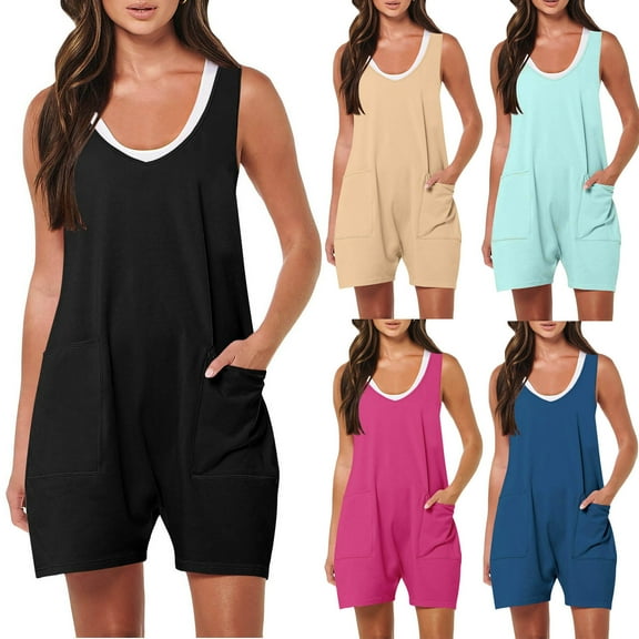 Pxkloy Womens Summer Casual Sleeveless Romper Loose V Neck Strap Shorts Overalls Stretchy Jumpsuit with Pockets 2025 Clothes Black,M