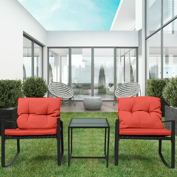 Patio 3-Piece Rocking Rocking Chair Set: Black Wicker Furniture-Two Chairs with Glass occasional Table